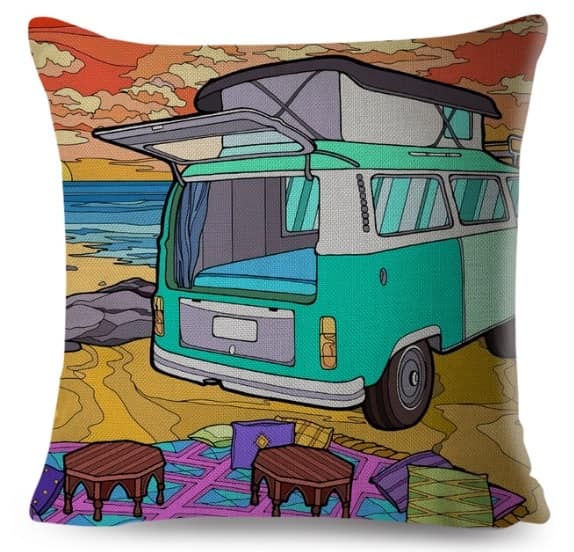 18 inch double sided pillow case, green VW Bus Camper on the beach
