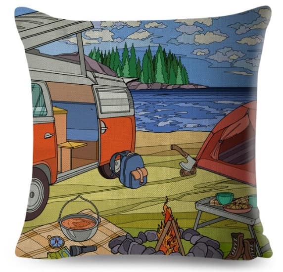 18 inch double sided pillow case, red and white VW Bus by a Lake