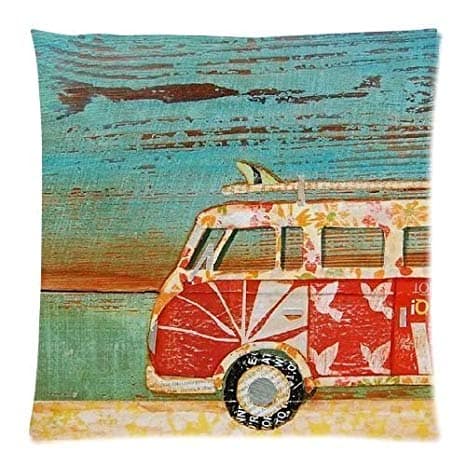 Throw Pillow for your Van! Red Bus with Surfboard